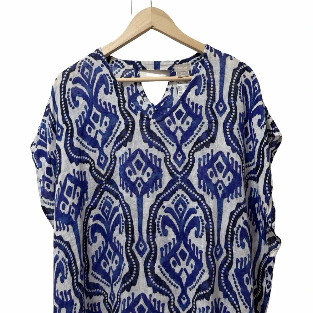 Chicos Womens 100% Linen Ikat Poncho Size S/M Blue Beach Resort Swim Cover Up